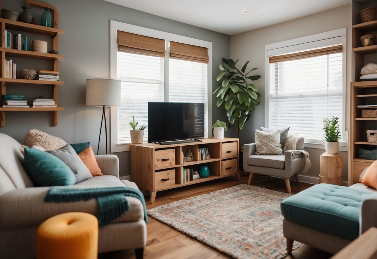 A small living room with clever storage solutions. Shelves, cabinets, and under-seat storage maximize space. Bright colors and natural light create a cozy atmosphere