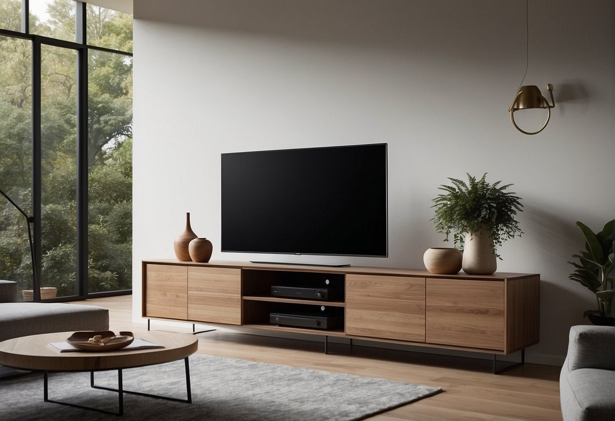A sleek, modern TV console with built-in shelves and cabinets, maximizing storage space in a minimalist living room