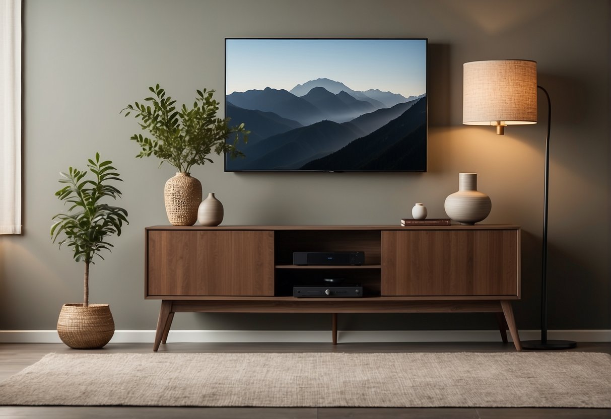 A sleek, modern TV console sits against a neutral-colored wall in a spacious living room, with clean lines and minimalistic design, accented by a few decorative items