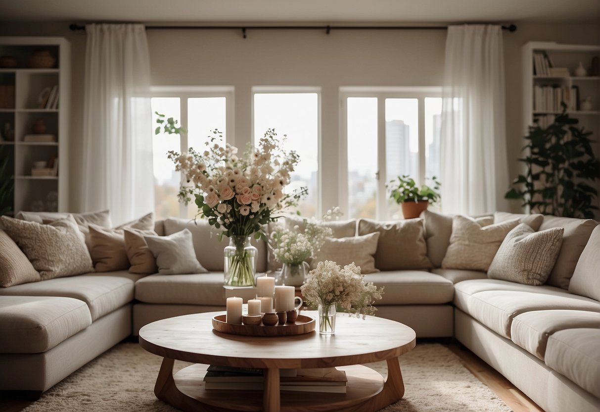 A cozy living room with a neutral color palette, a plush sofa, a coffee table with a vase of flowers, and a large window with natural light streaming in