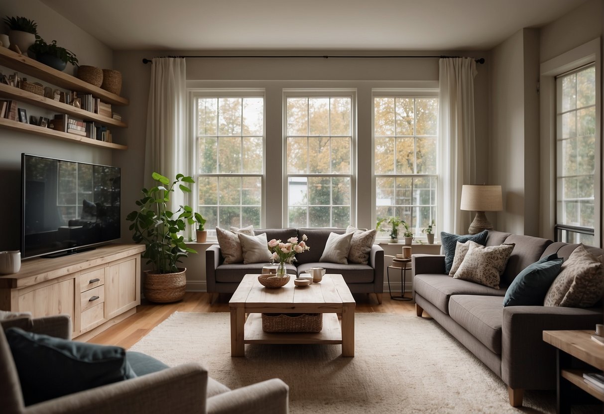 A small living room with a cozy sofa and armchairs arranged around a central coffee table. Shelves and a TV are mounted on the walls, with a large window letting in natural light