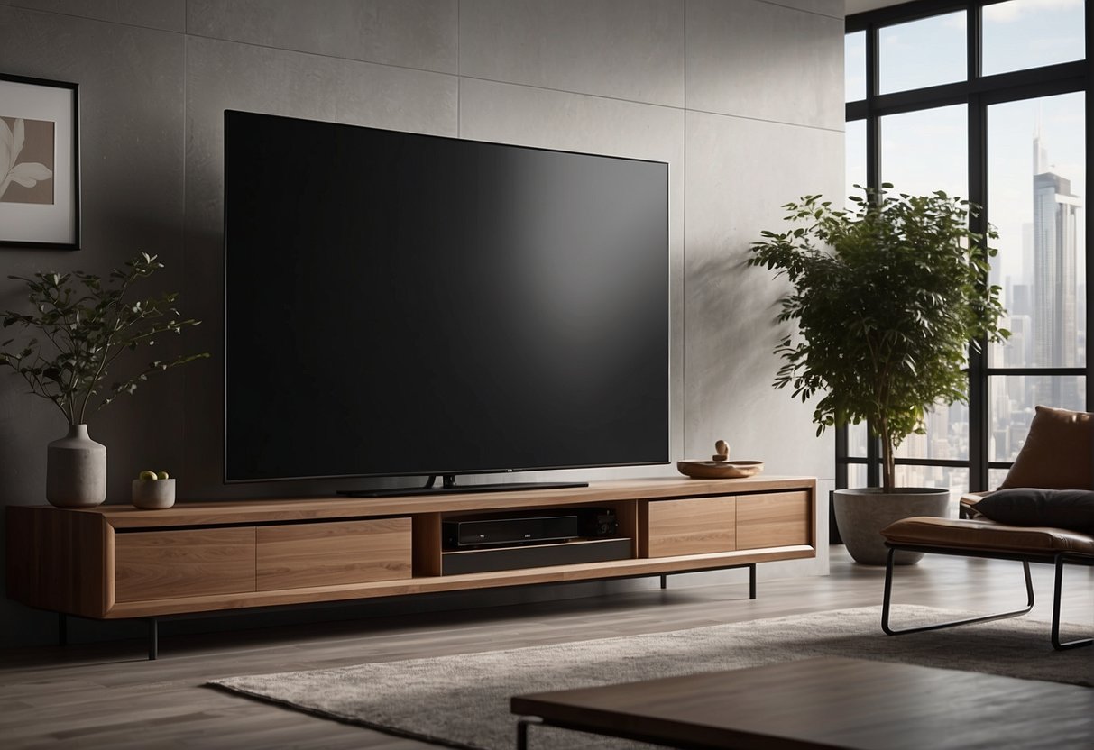 A sleek TV console sits in a modern living room, with integrated entertainment features and a minimalist design