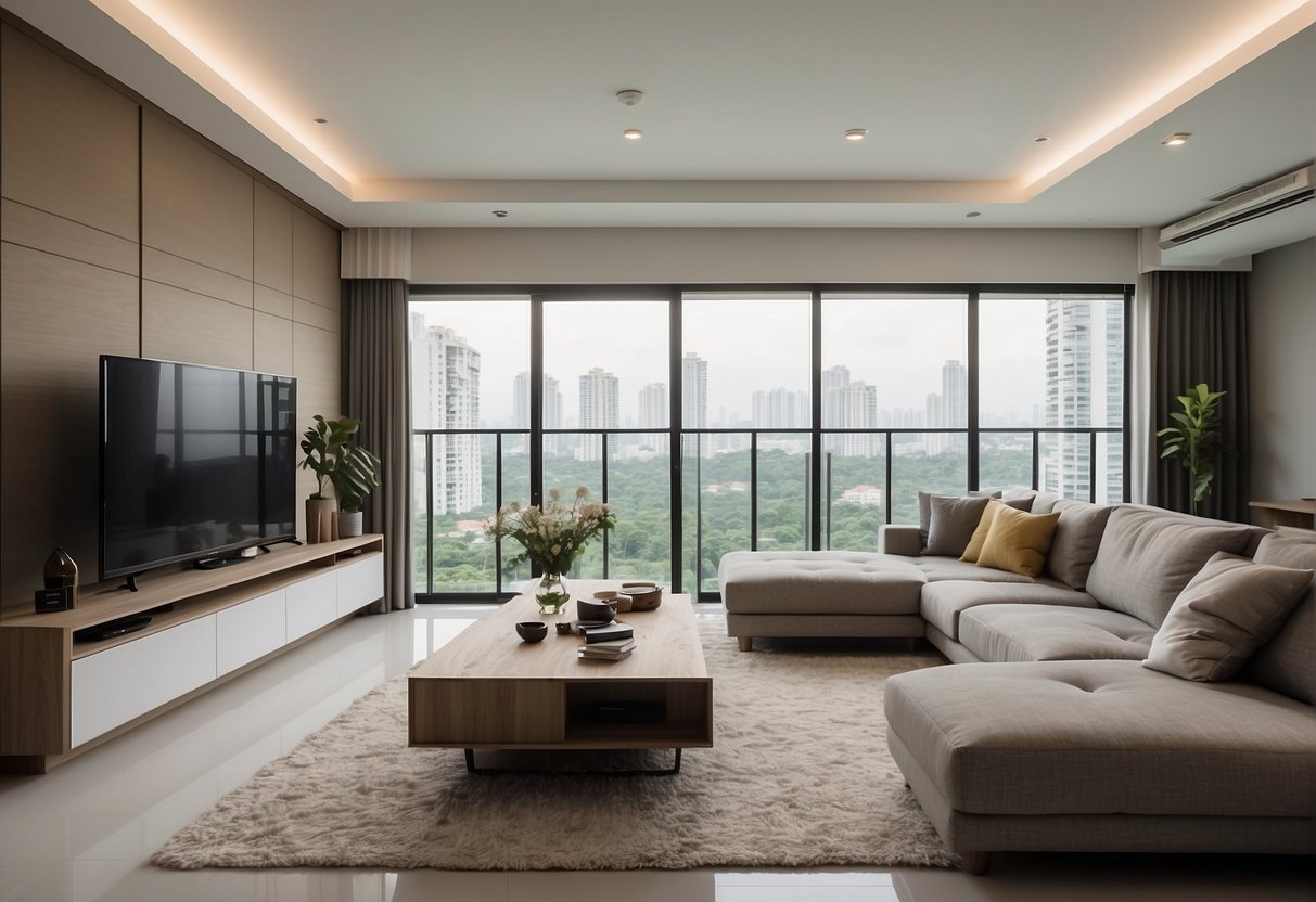 A spacious 4-room HDB BTO living room with modern design elements. Clean lines, minimalistic furniture, and a neutral color palette create a sleek and contemporary atmosphere. Large windows allow natural light to flood the room, enhancing the open and airy