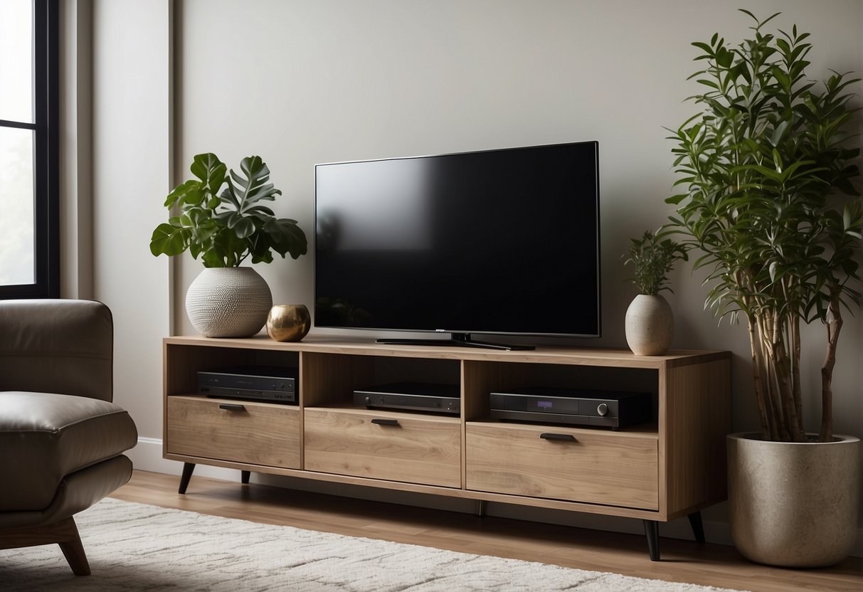 A sleek, modern TV console sits against a neutral-colored wall, with minimalist decor and a pop of greenery. The console features clean lines and open shelving, creating a stylish and functional focal point for the living room