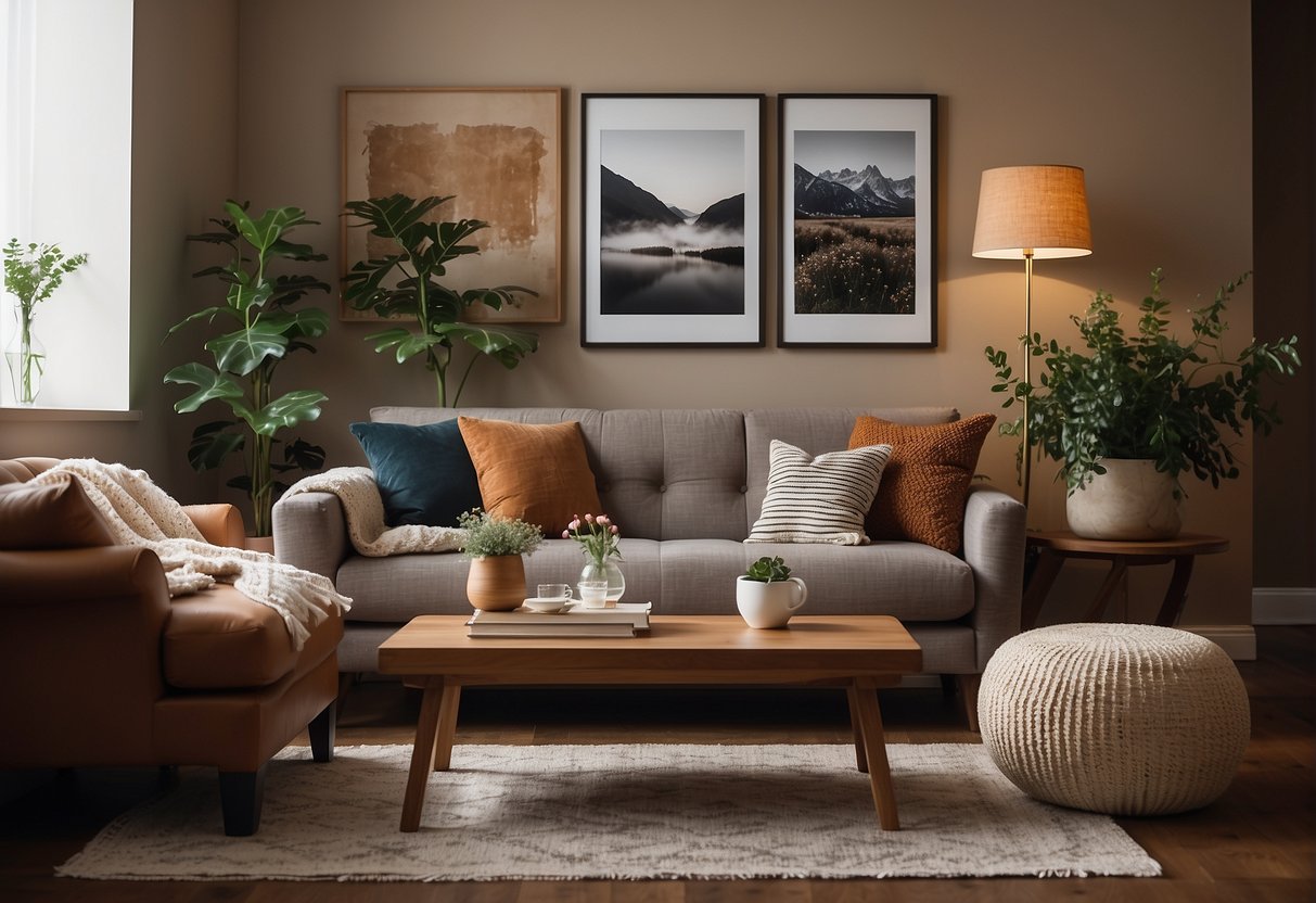The small living room is cozy with warm, earthy tones. A plush rug anchors the space, while a gallery wall of personal photos and artwork adds a touch of personality. A stack of books and a cozy throw blanket complete the inviting atmosphere