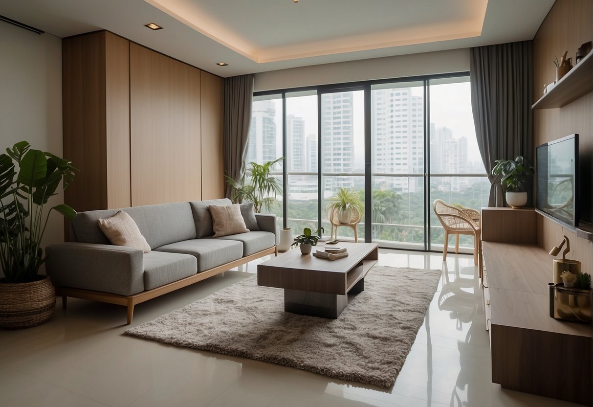 A spacious 4-room HDB BTO living room with modern furniture, a cozy rug, and plants. The room is well-lit with natural light and has a minimalist aesthetic