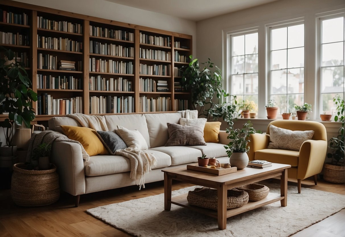 A cozy small living room with a comfortable sofa, a coffee table, and a stylish rug. A large window lets in natural light, and there are shelves filled with books and decorative items