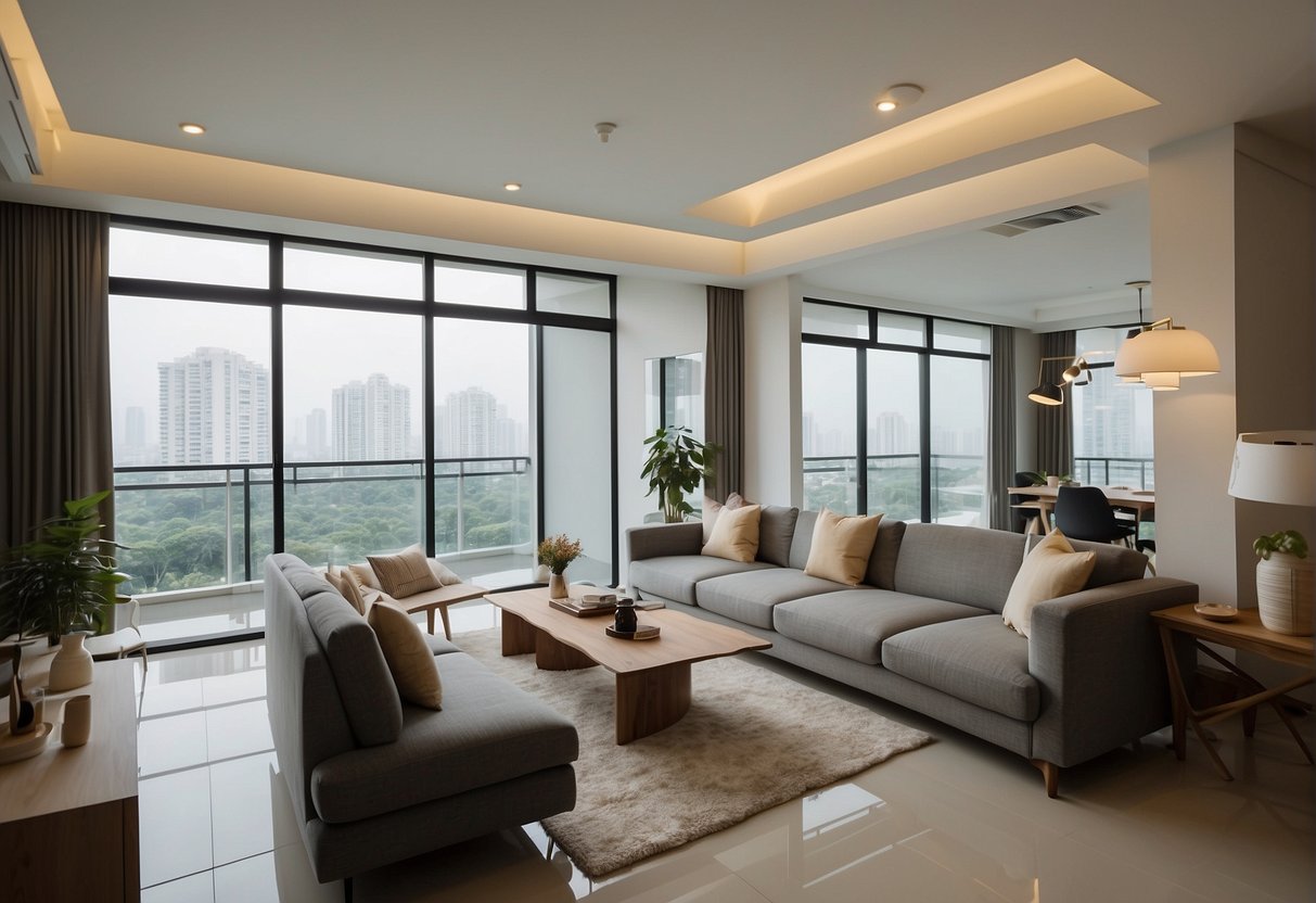 A spacious 4-room HDB BTO living room, with modern and minimalist design. Neutral color palette, sleek furniture, and ample natural light create a cozy and inviting atmosphere