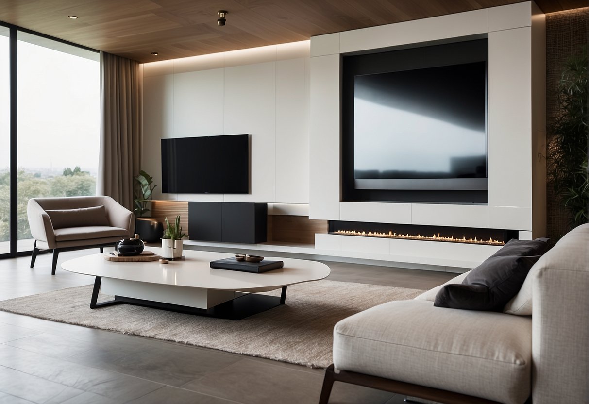 A sleek TV console sits in a modern living room, with clean lines and ample storage space. The design is minimalist, with a neutral color palette and subtle metallic accents