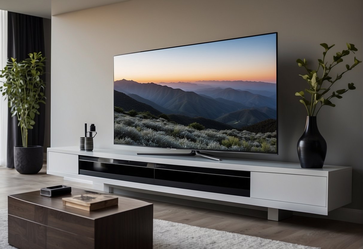A sleek TV console sits in a modern living room, with clean lines and innovative design features