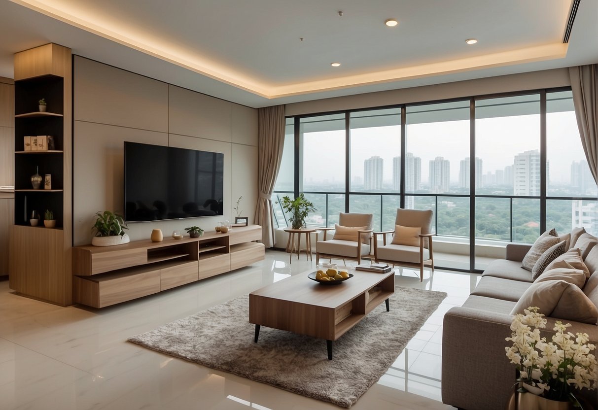 A spacious 4-room HDB BTO living room with modern furniture and ample natural light. Clean lines and neutral colors create a minimalist yet cozy atmosphere