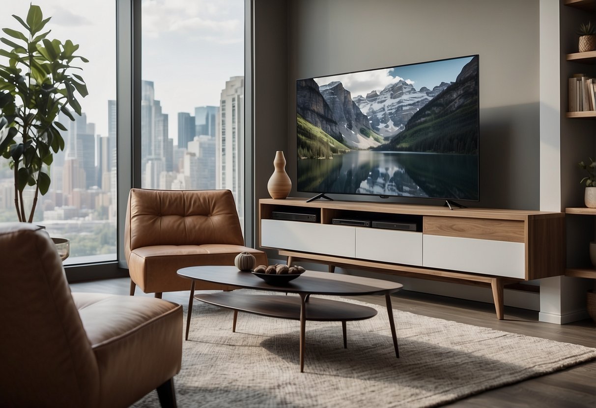 A sleek, modern TV console with clean lines and open shelving, positioned in a well-lit living room with cozy seating and minimal decor