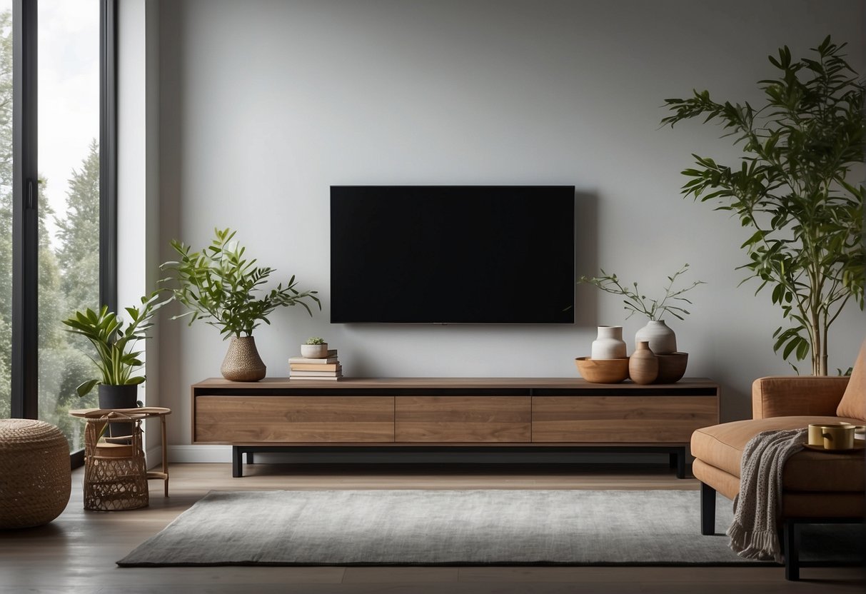 A modern living room with a sleek TV console, minimalist design, clean lines, and integrated storage for media devices