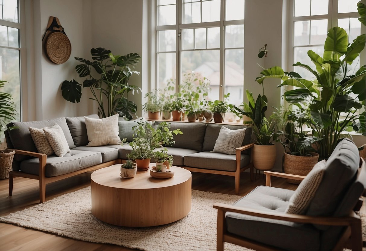 A cozy living room with eco-friendly furniture, natural lighting, potted plants, and sustainable materials