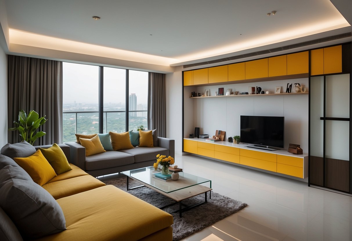 A modern 4-room HDB BTO living room in Singapore, with sleek furniture, clean lines, and pops of vibrant color