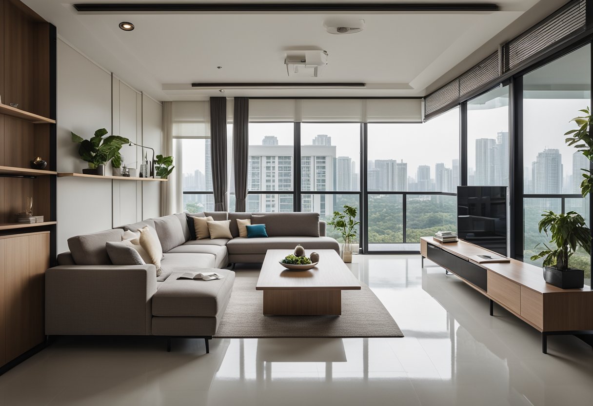 A modern HDB living room, with sleek furniture, a neutral color palette, and plenty of natural light streaming in through large windows