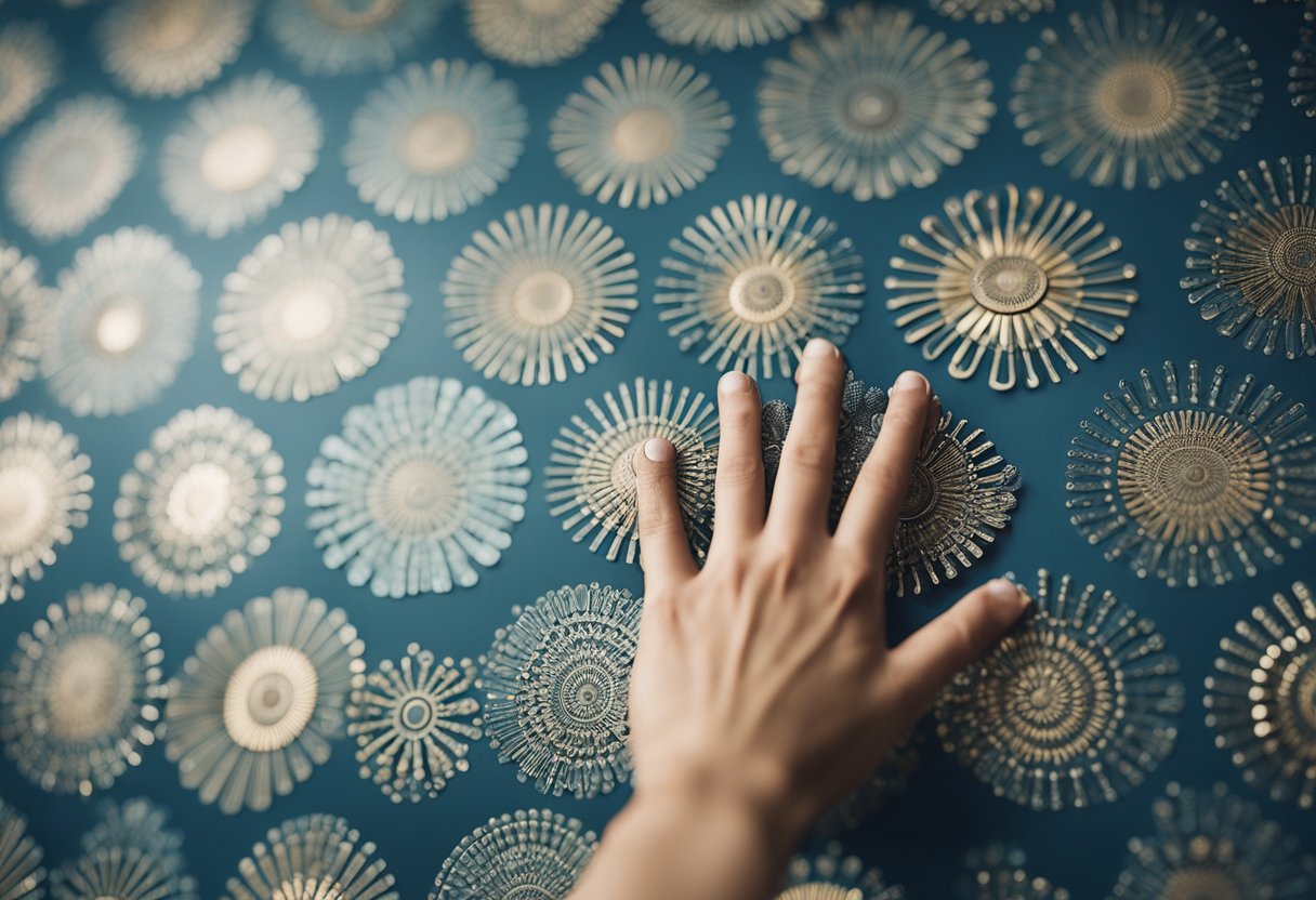 A hand reaches out to touch various textured wallpaper designs in a stylish living room