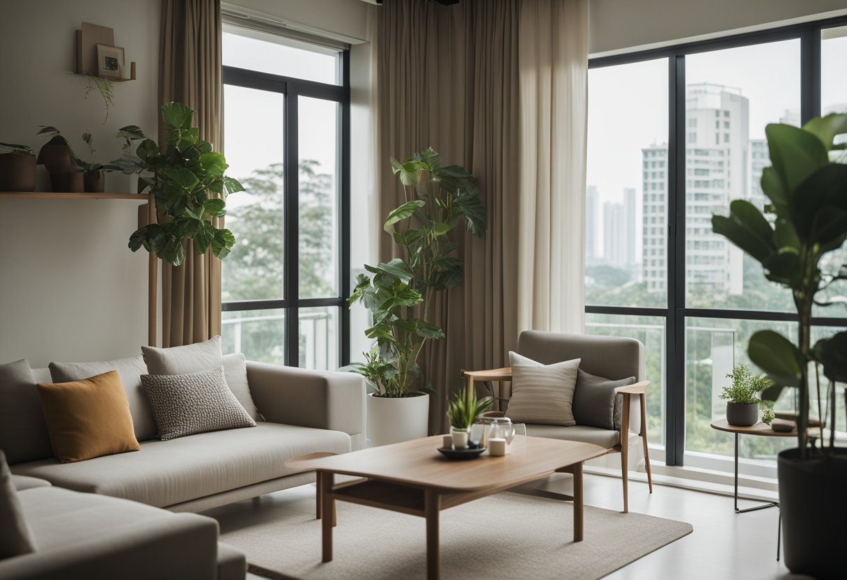 A modern HDB living room with minimalist furniture, neutral colors, and clean lines. A large window lets in natural light, and potted plants add a touch of greenery