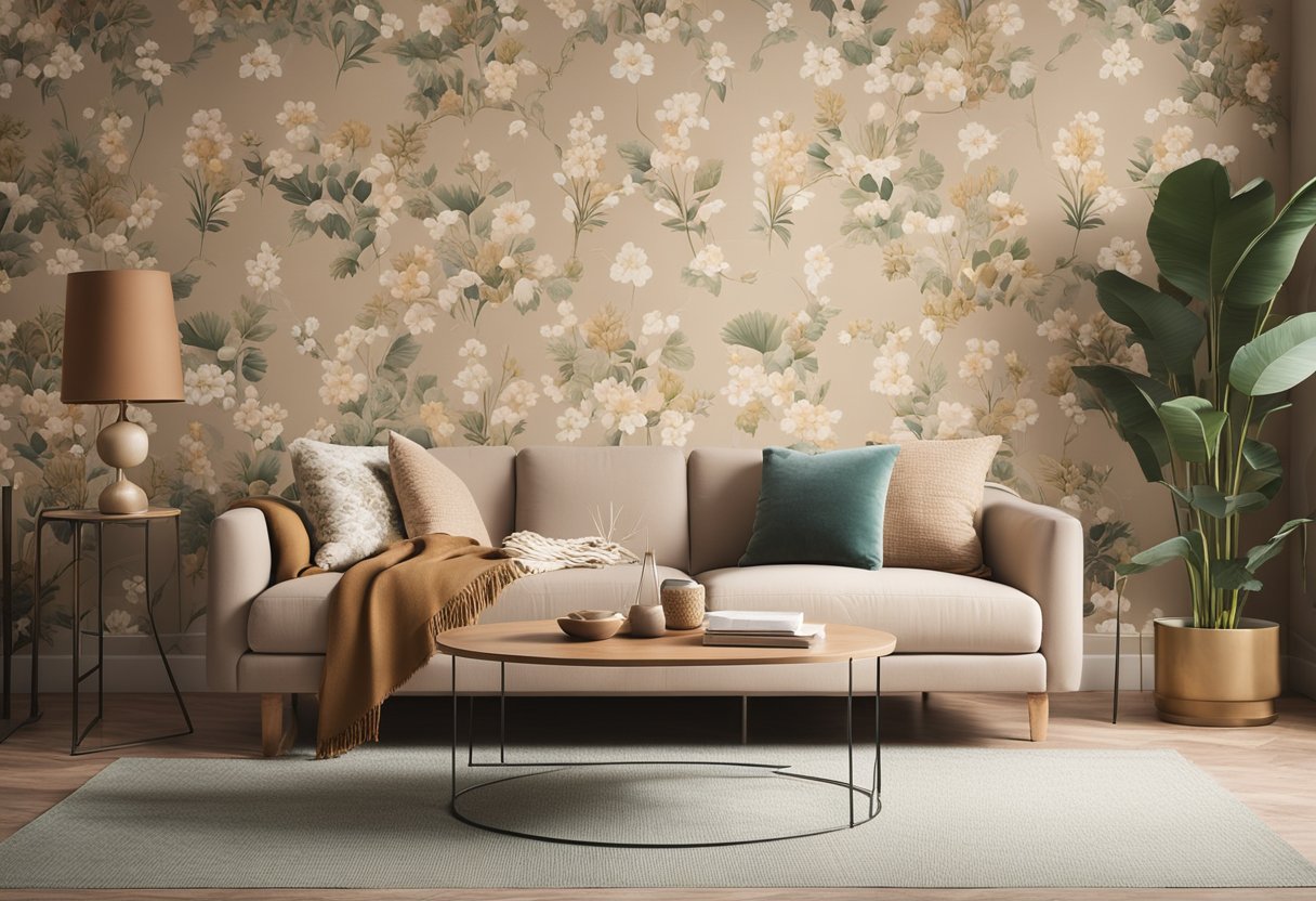 A cozy living room with warm earthy tones, featuring a wallpaper design of botanical patterns and a mix of neutral and pastel colors