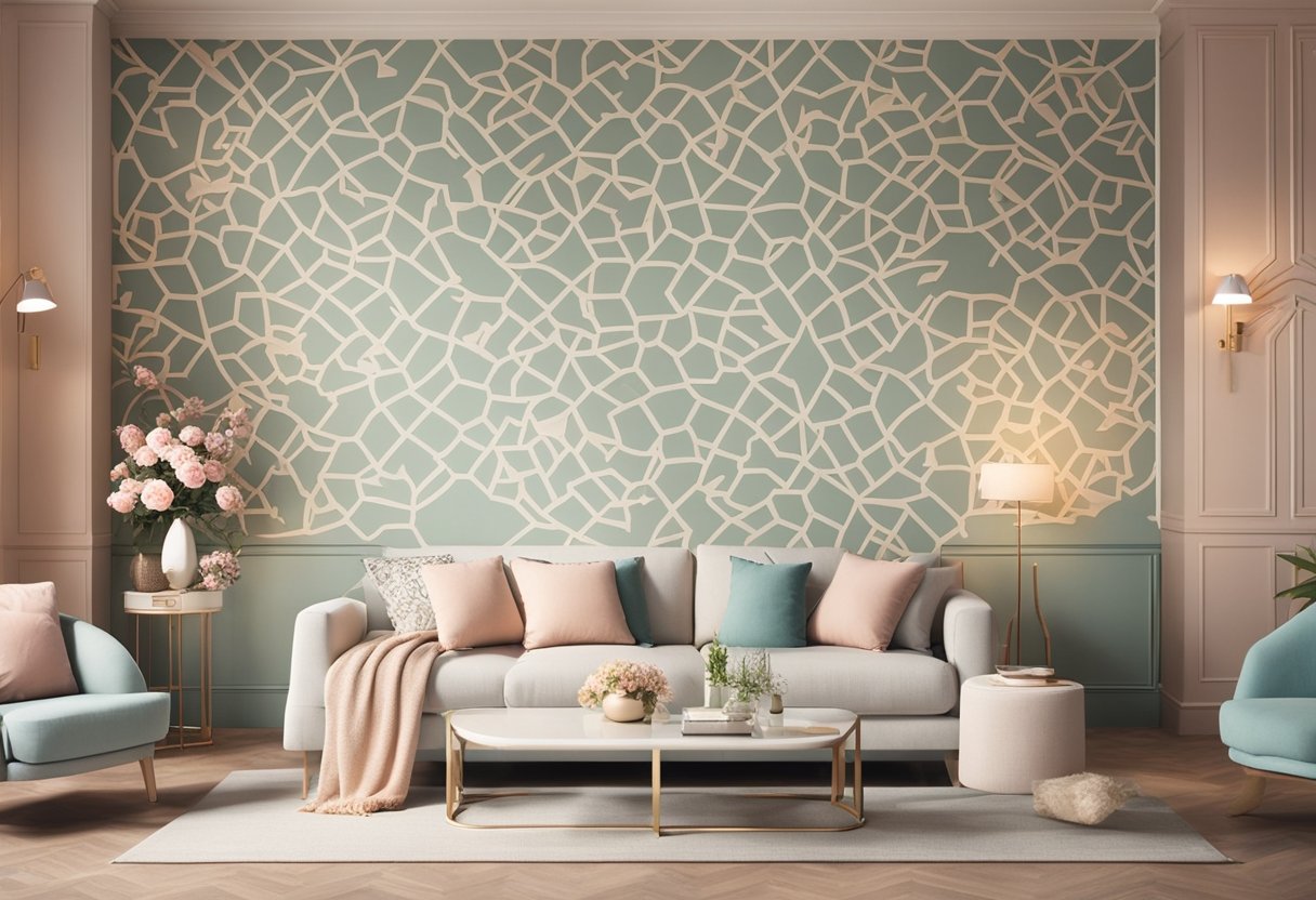 A cozy living room with floral wallpaper patterns in soft pastel colors, accented with intricate geometric designs