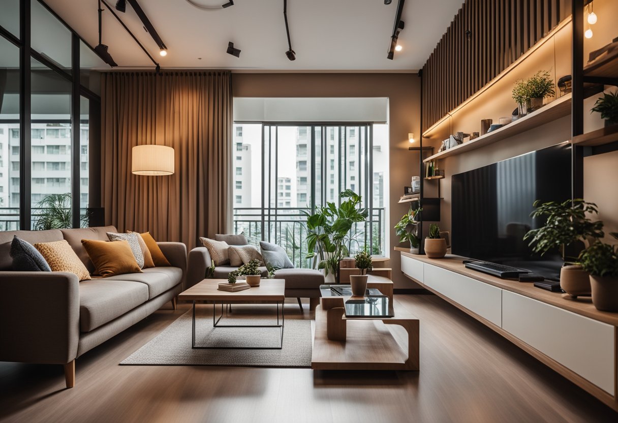 A cozy HDB living room with warm earthy tones, textured walls, and contrasting pops of color in the decor