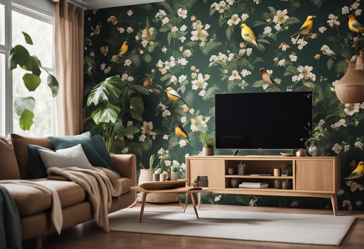 A cozy living room with nature-themed wallpaper, featuring lush greenery, birds, and floral patterns. A warm, inviting atmosphere with earthy tones and a touch of whimsy