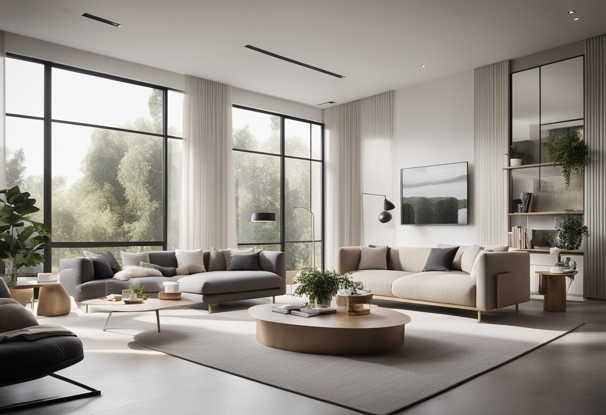 A sleek, minimalist living room with clean lines, neutral colors, and natural light streaming in through large windows. The furniture is modern and functional, with a focus on comfort and simplicity