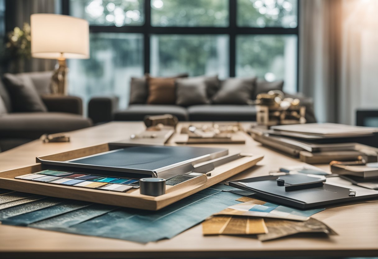 A table with various wallpaper samples and tools for customisation in a well-lit living room