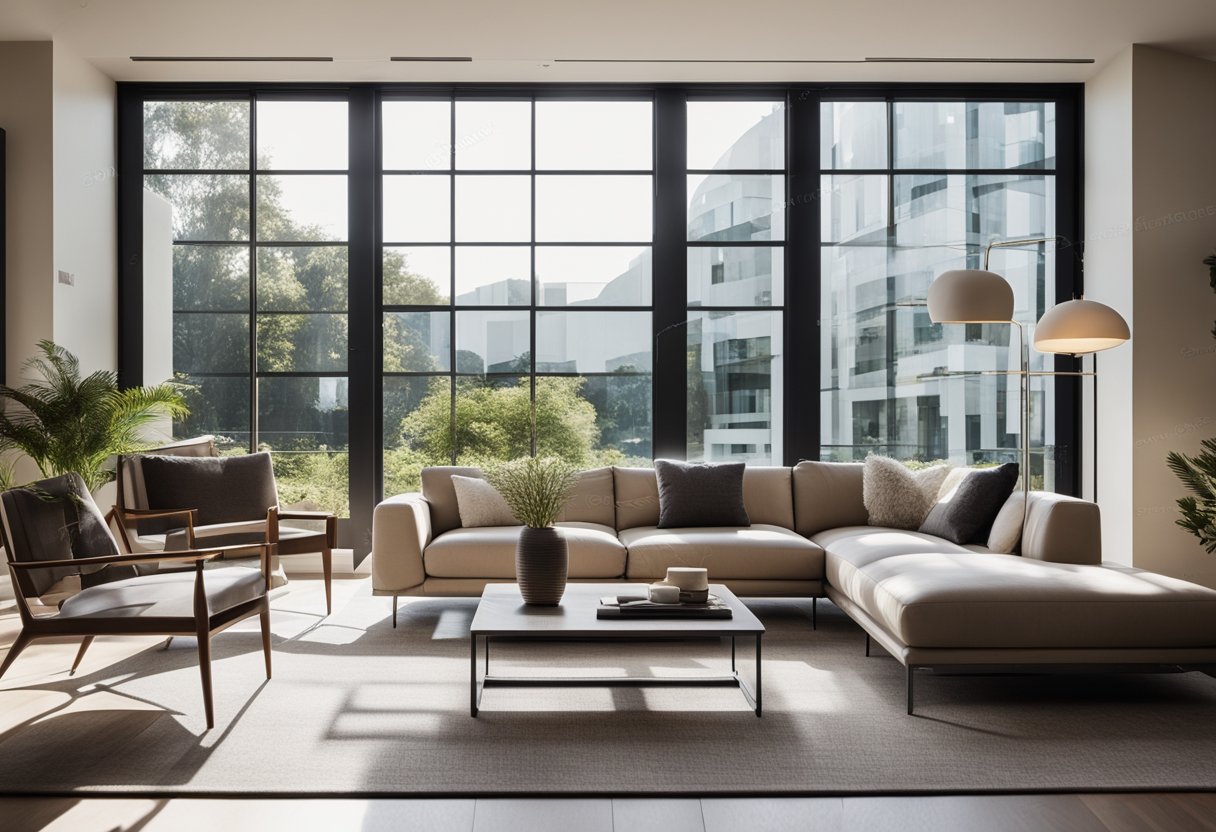 A modern living room with neutral tones, natural light streaming in through large windows, and accent lighting highlighting the sleek design elements
