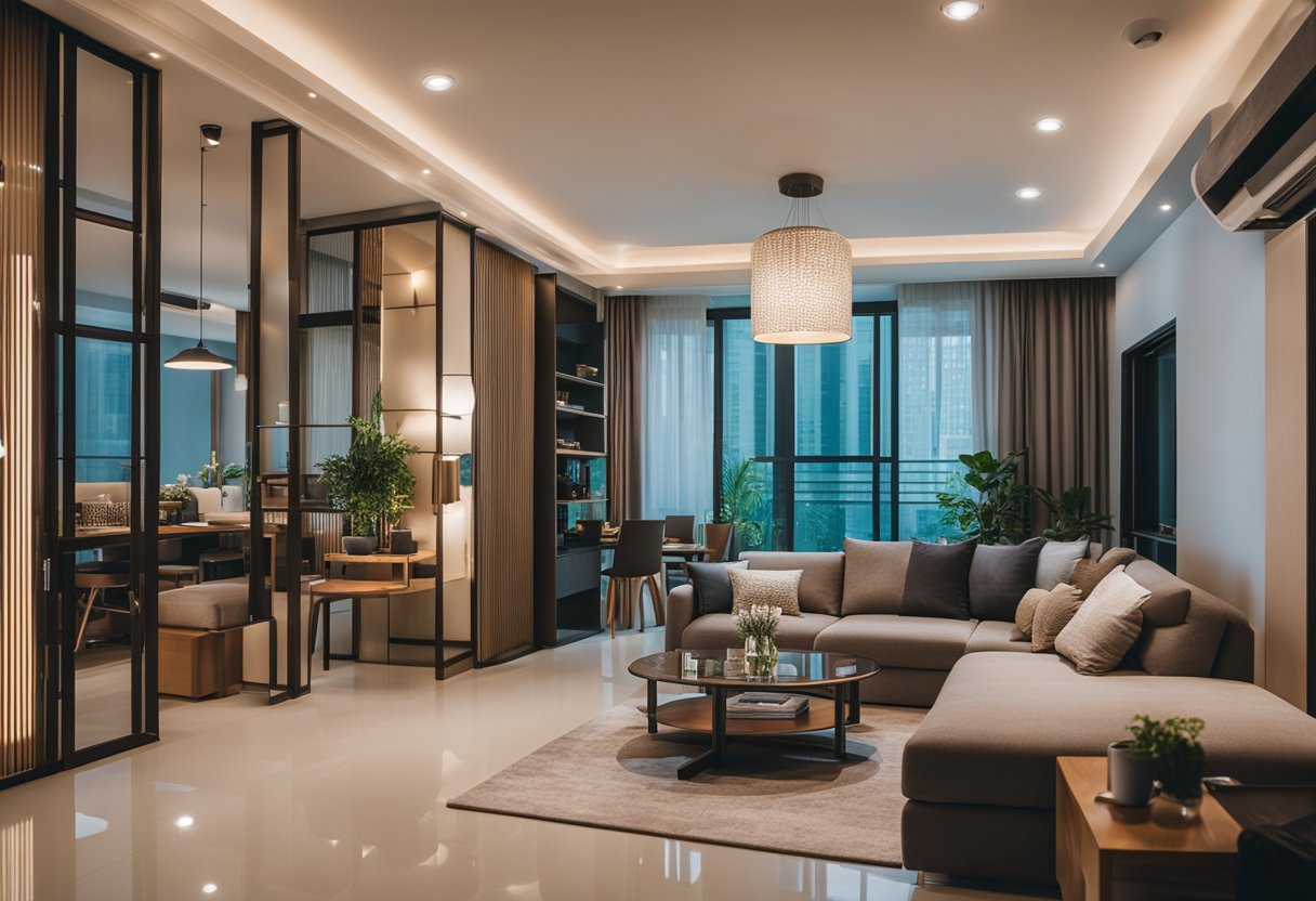 A well-lit HDB living room with modern lighting fixtures and stylish accessories