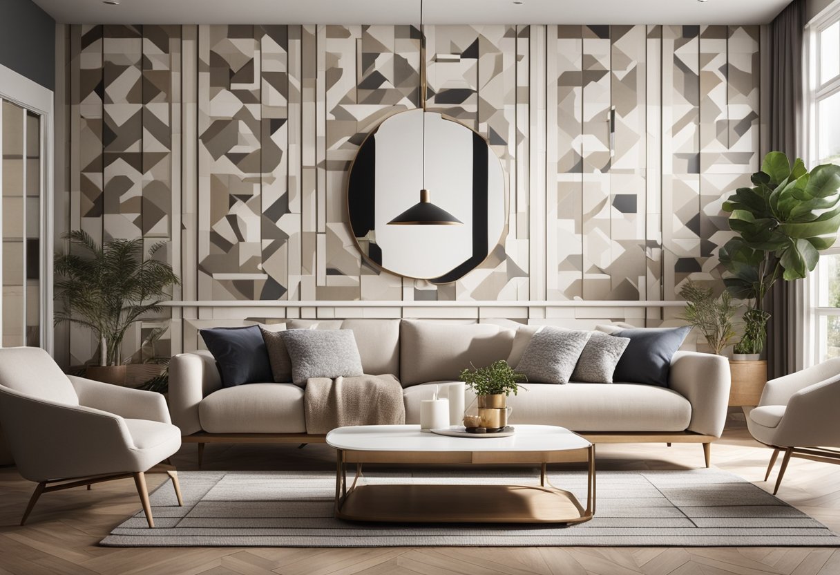 A cozy living room with neutral furniture and a focal wall adorned with a bold, geometric wallpaper design. Natural light floods the room, highlighting the modern and inviting atmosphere