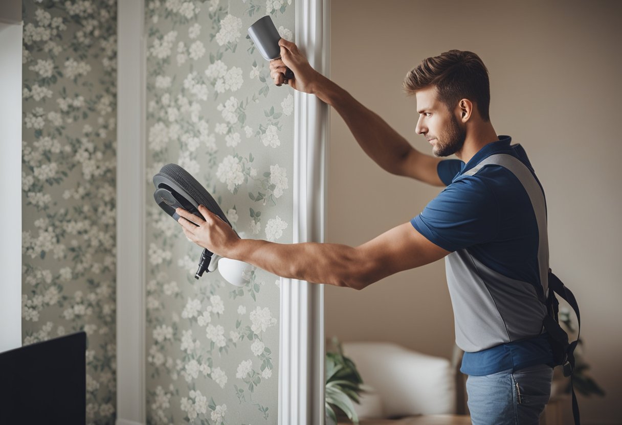 A person installs and maintains wallpaper in a living room, carefully smoothing out the design and ensuring it is properly aligned and secured