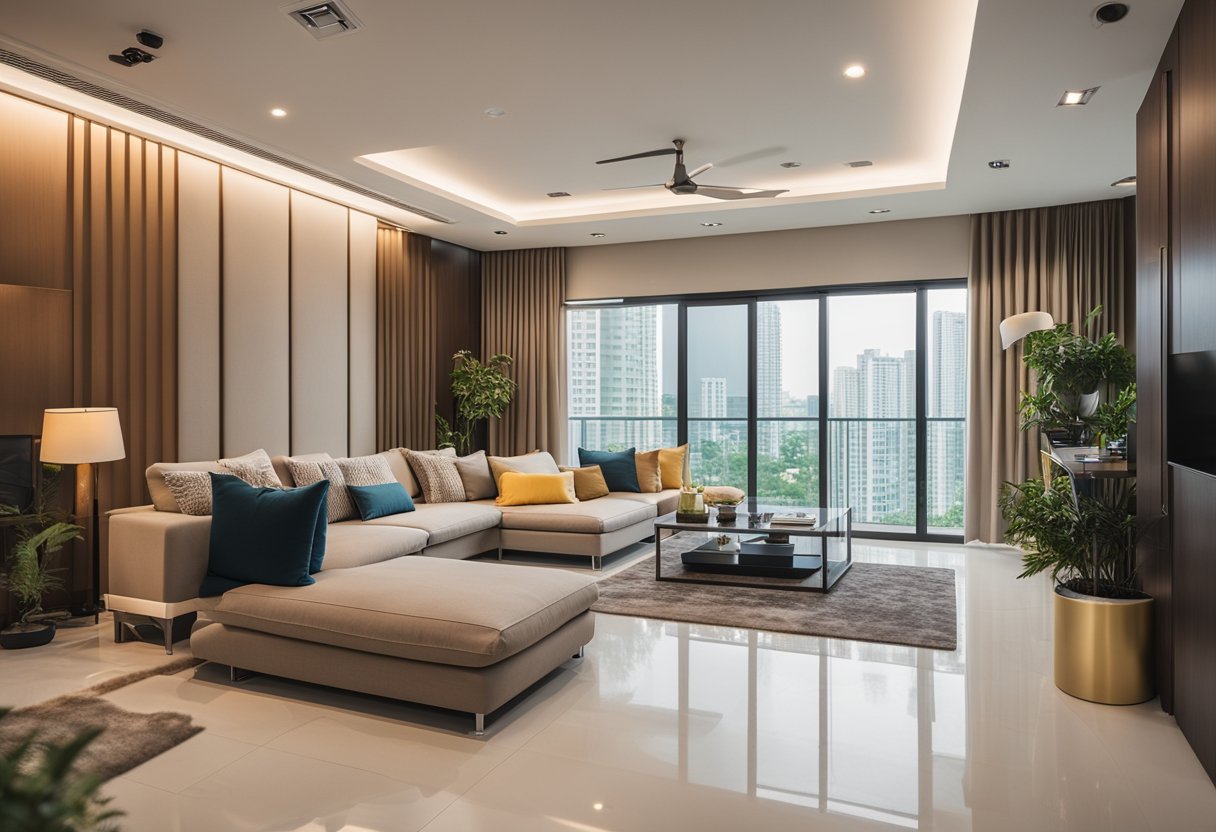 A spacious HDB living room with modern flooring and wall decor