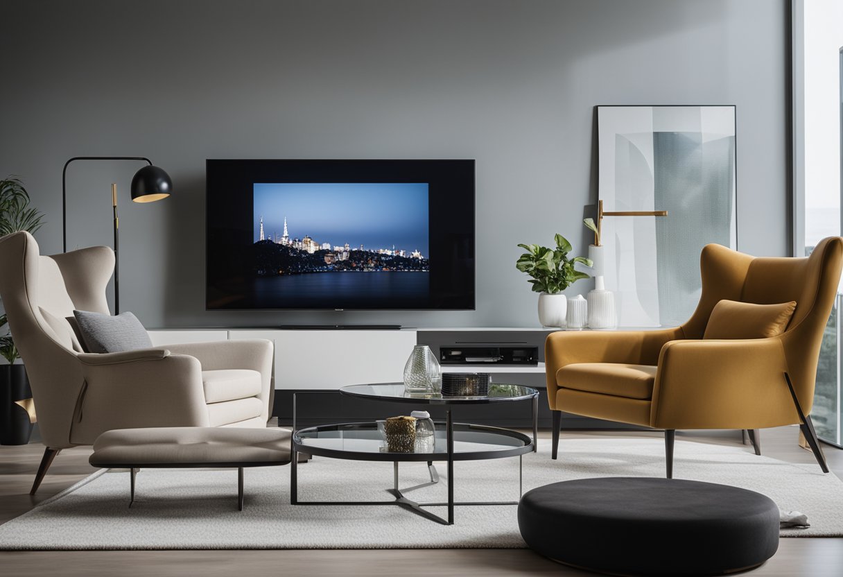 A sleek, minimalist sofa sits in front of a wall-mounted entertainment center. A glass coffee table and a pair of contemporary armchairs complete the modern living room design