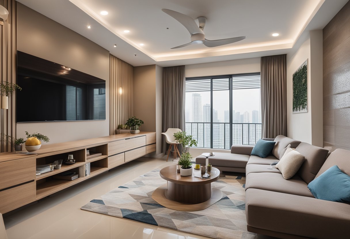 A spacious HDB living room with modern furniture, neutral color palette, and ample natural light