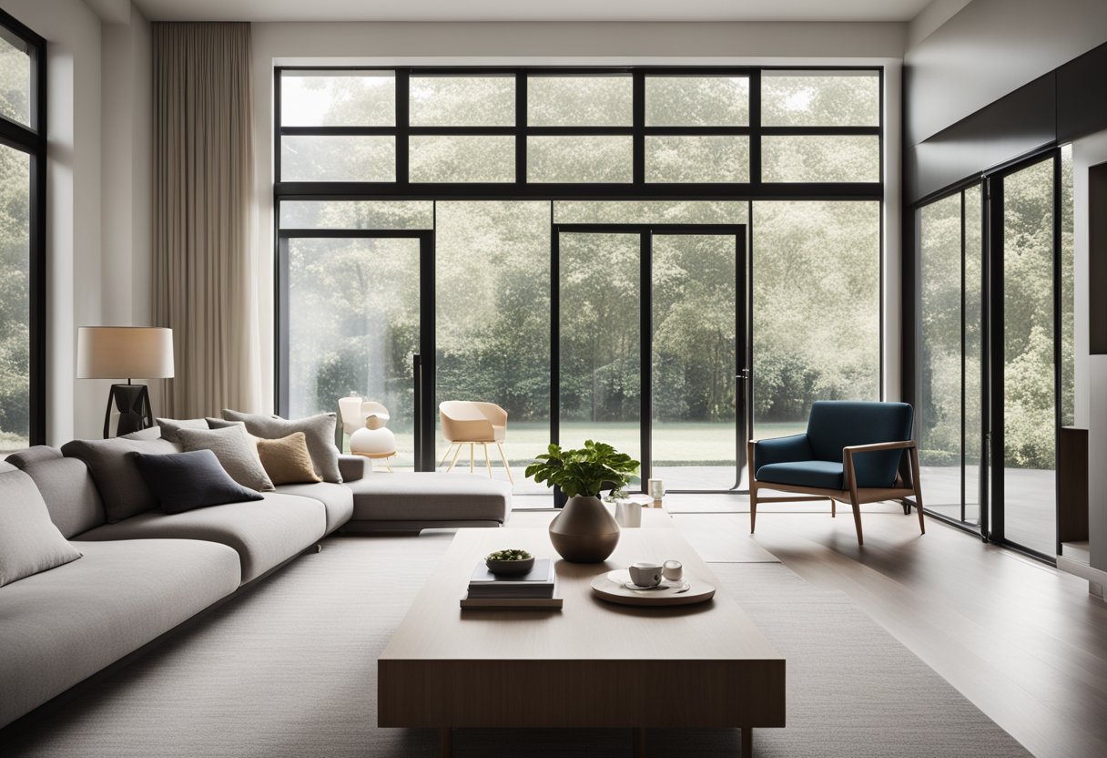 A spacious living room with sleek, minimalist furniture and a neutral color palette. Large windows let in natural light, and a central coffee table anchors the space