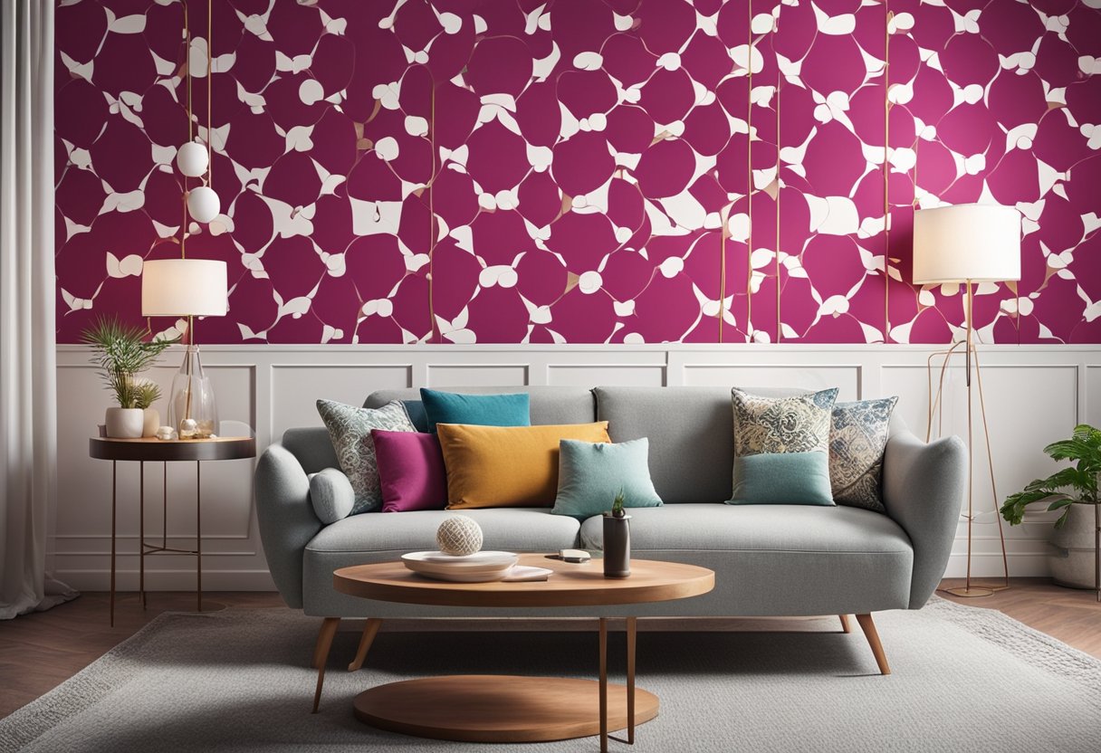 The living room walls are adorned with vibrant wallpaper designs, adding a pop of color and pattern to the space