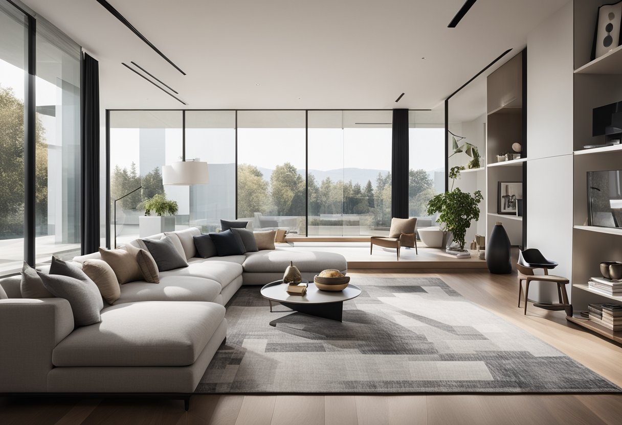 A sleek, minimalist living room with a geometric rug, abstract wall art, and metallic accents. A large, open window lets in natural light, highlighting the clean lines and modern decor