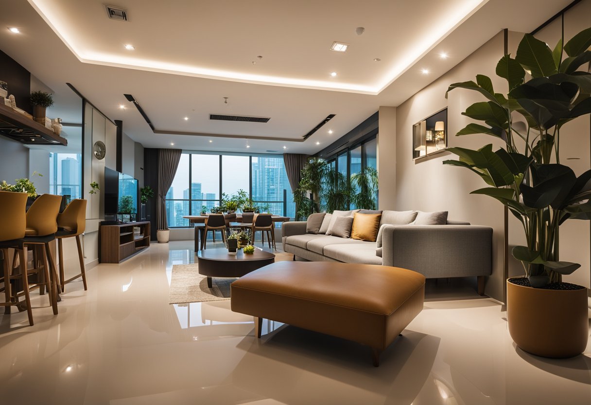 A spacious HDB living room with modern furniture, warm lighting, and plants. The open layout encourages social interaction and relaxation