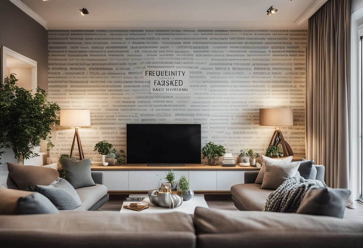 A cozy living room with a stylish wallpaper featuring "Frequently Asked Questions" in a modern font, creating a trendy and inviting atmosphere