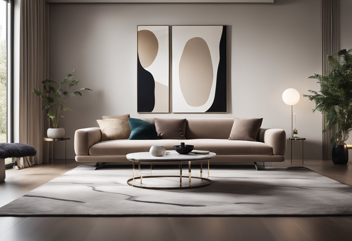 A sleek, minimalist living room with a plush velvet sofa, a polished marble coffee table, and a shaggy wool rug. The walls are adorned with abstract art and the room is filled with natural light from large windows