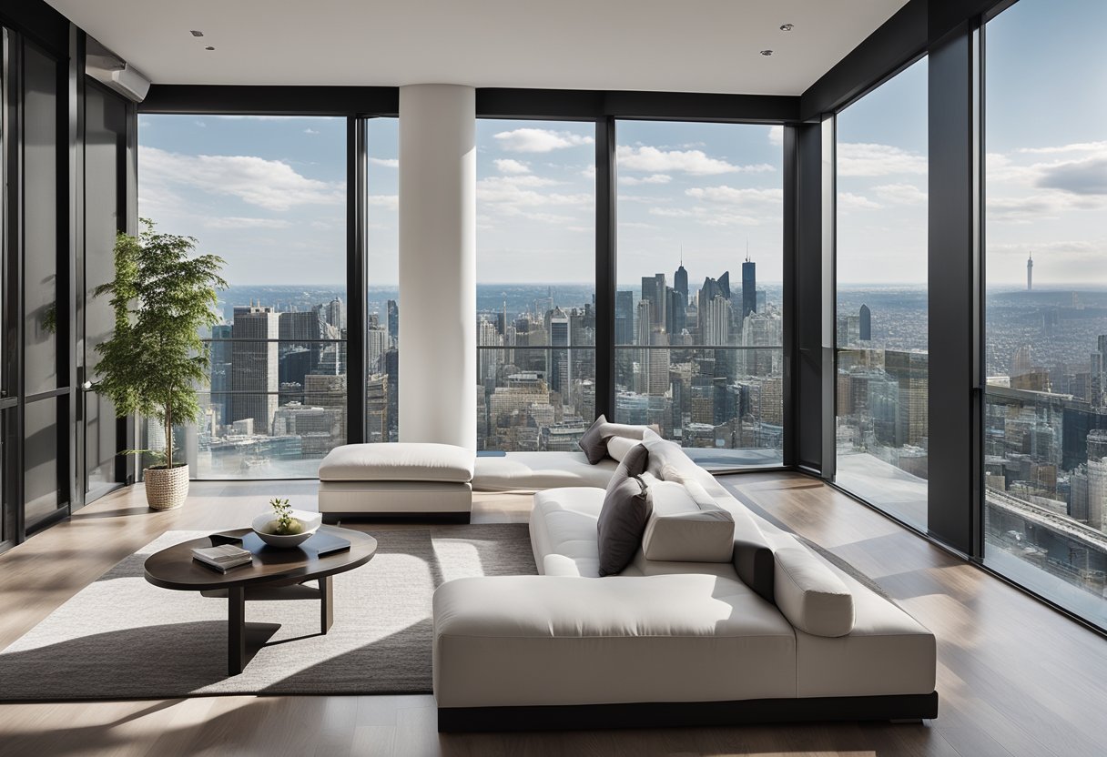 A spacious modern living room with floor-to-ceiling windows, showcasing a panoramic city view. Contemporary furniture and minimalist decor complete the sleek design