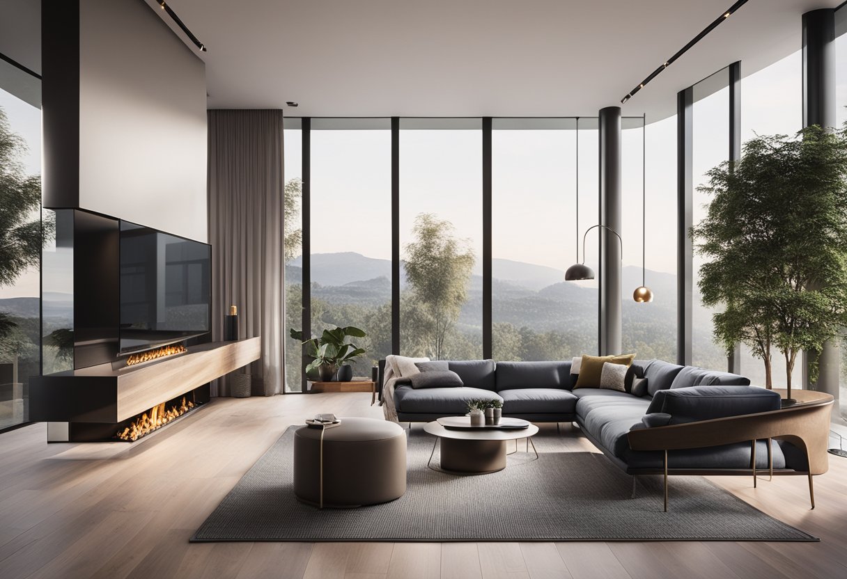 A sleek, open-concept living room with floor-to-ceiling windows, minimalist furniture, and a statement fireplace
