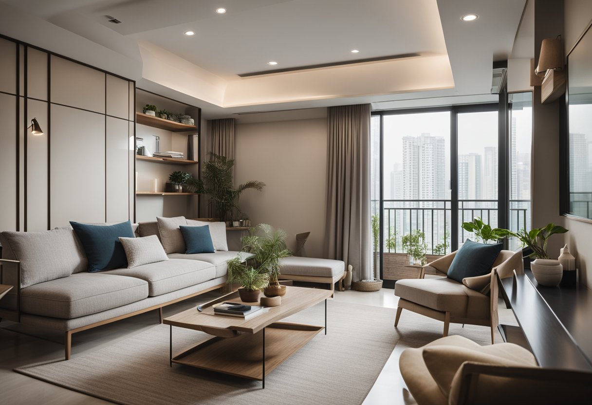 A modern HDB living room with sleek furniture, a neutral color palette, and large windows letting in natural light