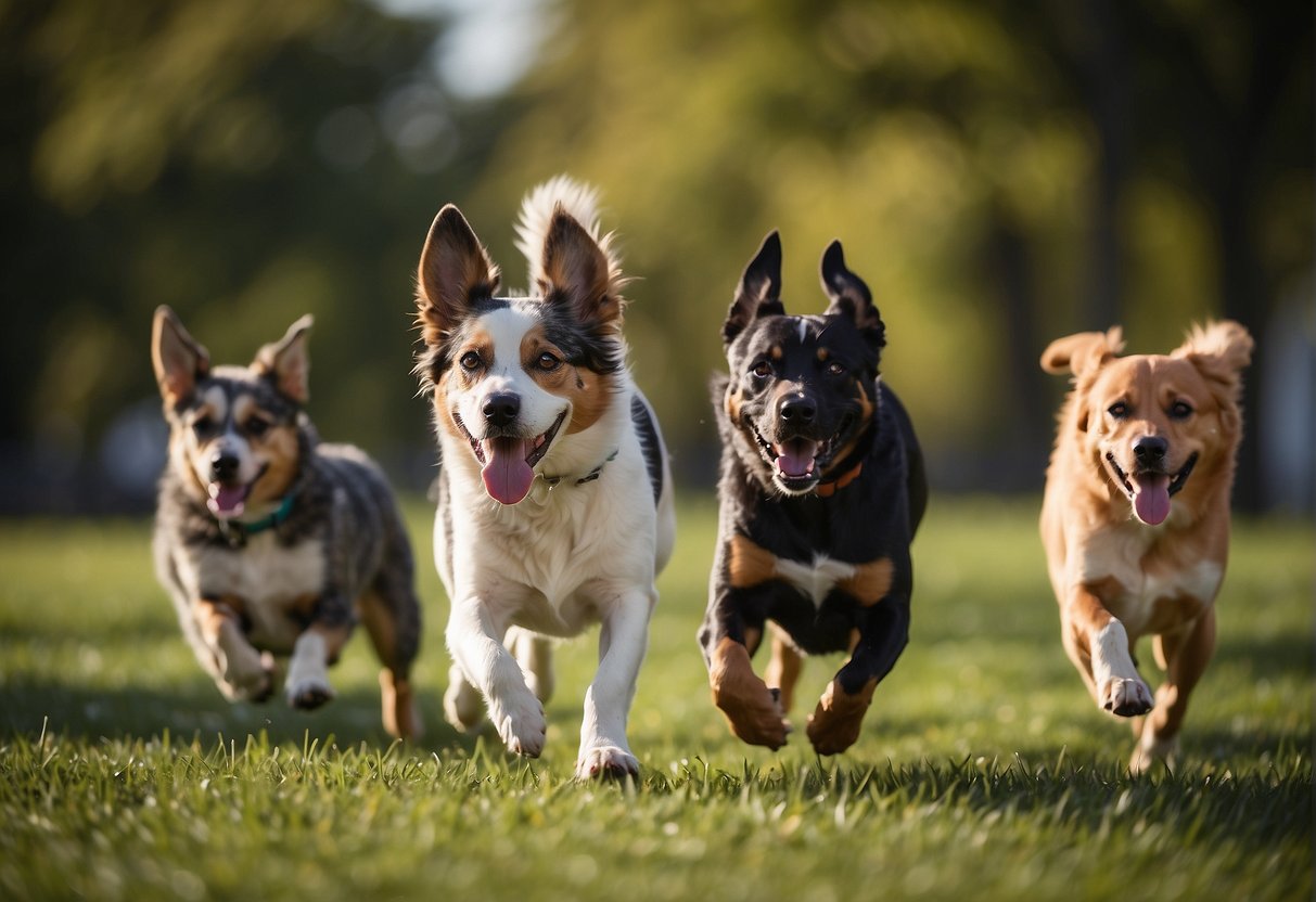 Various dog breeds playing in a grassy park, some chasing a ball, others running and jumping. A mix of sizes and colors, tails wagging and tongues out