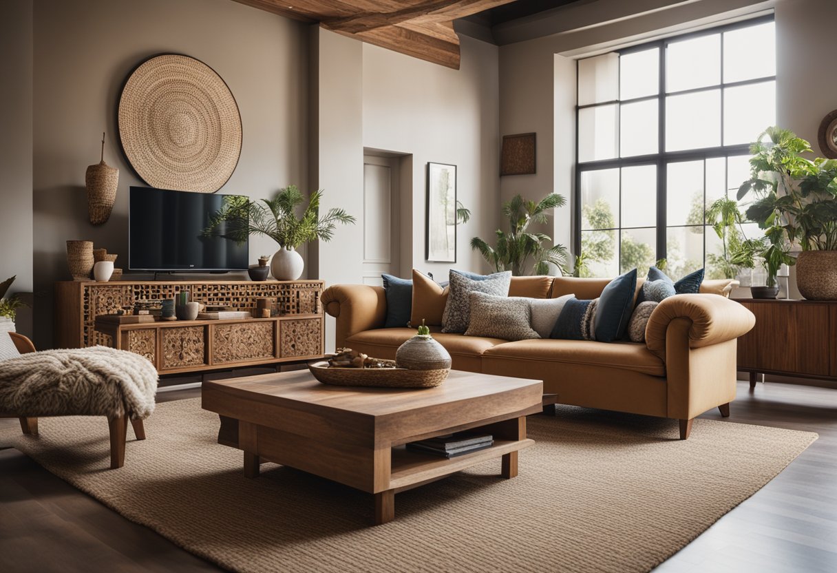 A modern living room with regional influences, featuring earthy tones, natural materials, and traditional patterns. A large, comfortable sofa sits in the center, surrounded by artisanal decor and handcrafted furniture