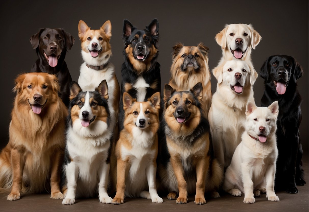 Various dog breeds grouped together based on size, coat type, and purpose. Displayed in a clear and organized manner for easy recognition