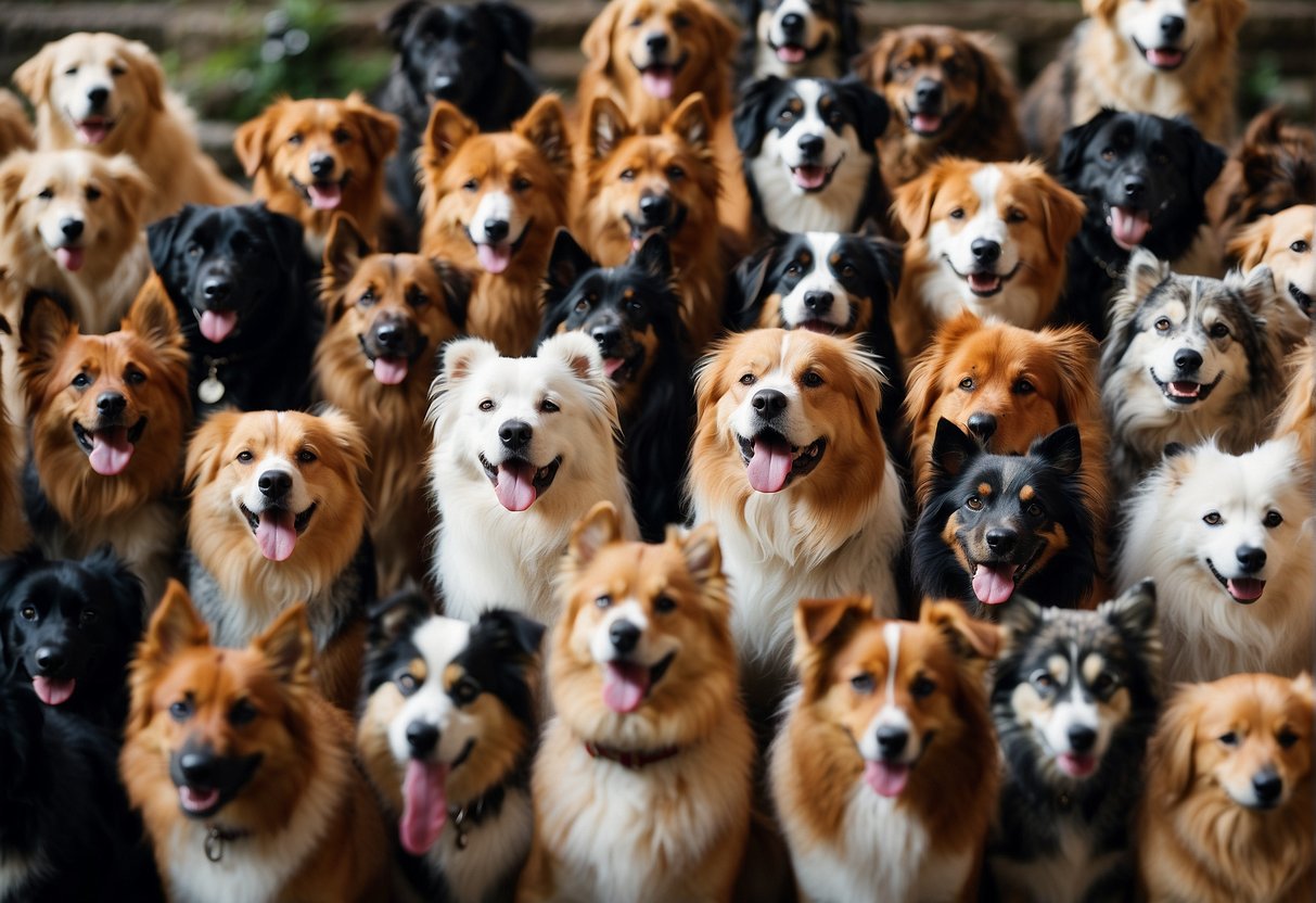 Various popular dog breeds from around the world gathered in a colorful and lively scene