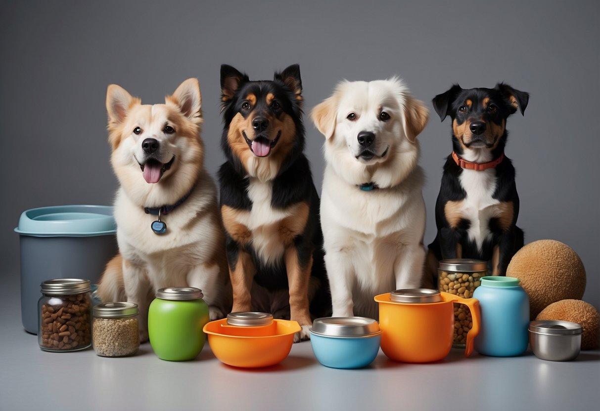 A variety of dog breeds surrounded by essential care items such as food bowls, leashes, toys, and grooming tools
