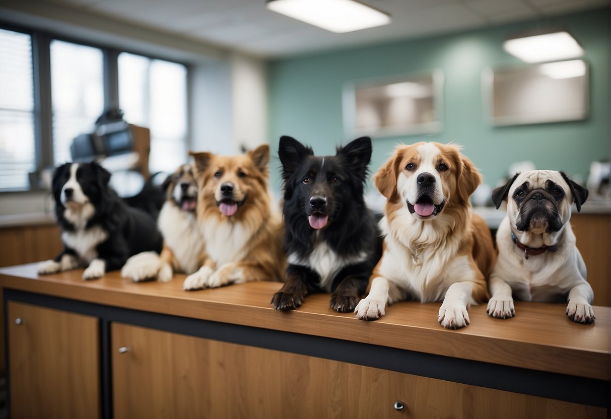 Various dog breeds sit in a vet's office, with genetic testing equipment in the background. Each dog represents a different breed, showcasing the diversity of genetics in canine health